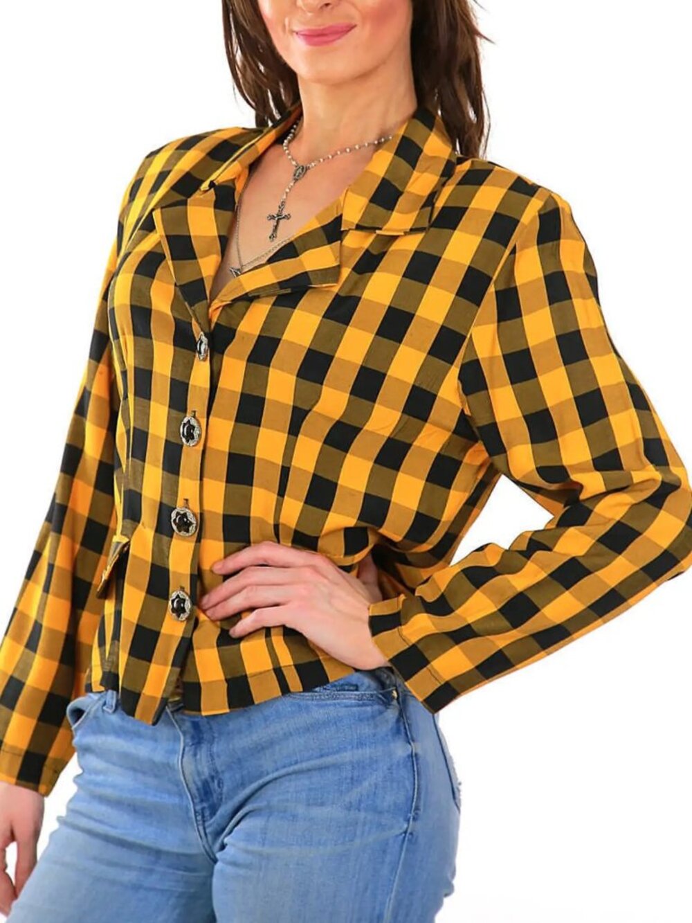 Vintage plaid jacket buttondown blazer yellow black buffalo print Large